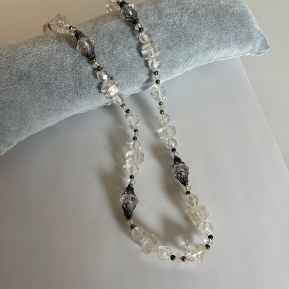 Vintage 1940s Clear Lucite Bead Necklace Silver Tone Spacers Art Deco 25 inch - Picture 2 of 10